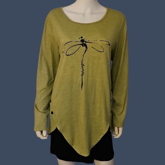 Assymetric Button Embellished Dragonfly Warrior Sage Green Long Sleeve Tunic - Picture 1 of 8